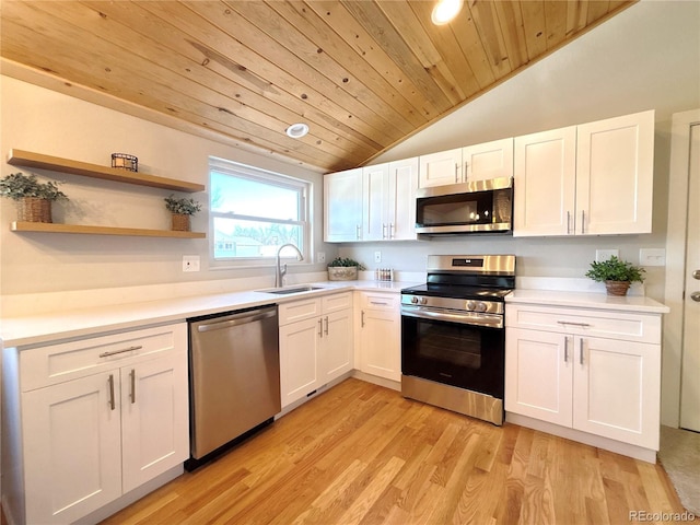 kitchen featuring sink, wooden ceiling, appliances with stainless steel finishes, light hardwood / wood-style floors, and white cabinets