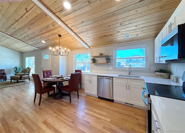 kitchen featuring white cabinetry, appliances with stainless steel finishes, decorative light fixtures, and sink