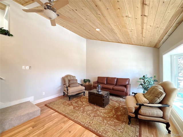 living room with ceiling fan, lofted ceiling, wood-type flooring, and wooden ceiling