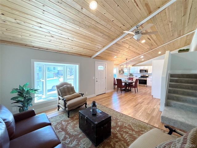 living room with lofted ceiling, ceiling fan with notable chandelier, wooden ceiling, and light wood-type flooring