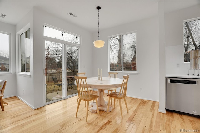 dining room with light wood finished floors, visible vents, and a healthy amount of sunlight