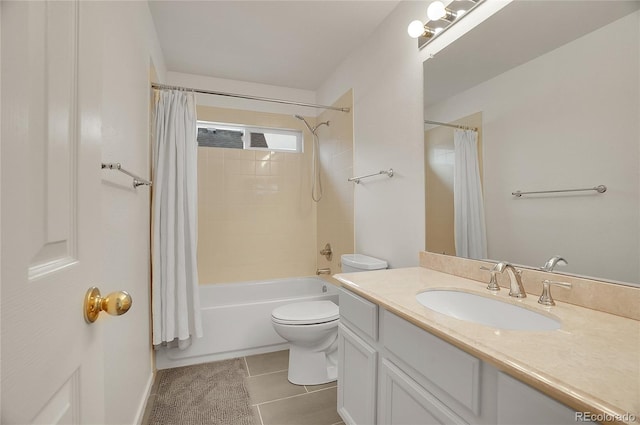 full bathroom with shower / bathtub combination with curtain, vanity, toilet, and tile patterned floors