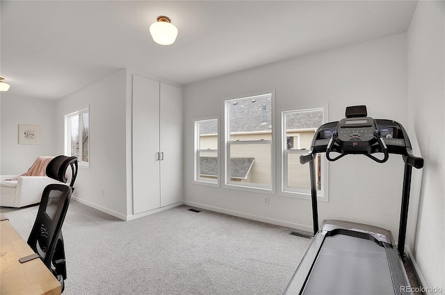 workout room featuring baseboards and carpet flooring