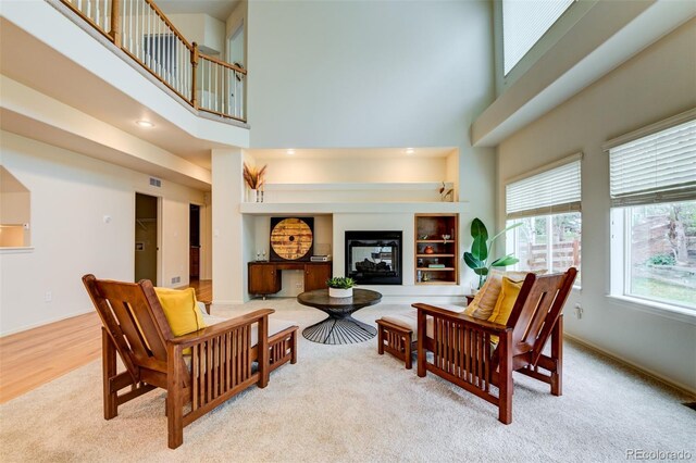 1460 Lily Lake Dr, Colorado Springs, CO 80921 - carpeted living area with baseboards, a high ceiling, visible vents, and built in shelves