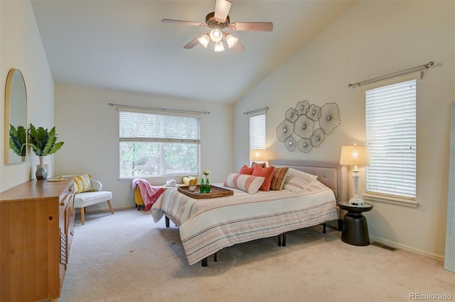 1460 Lily Lake Dr, Colorado Springs, CO 80921 - carpeted bedroom featuring baseboards, ceiling fan, lofted ceiling, and visible vents