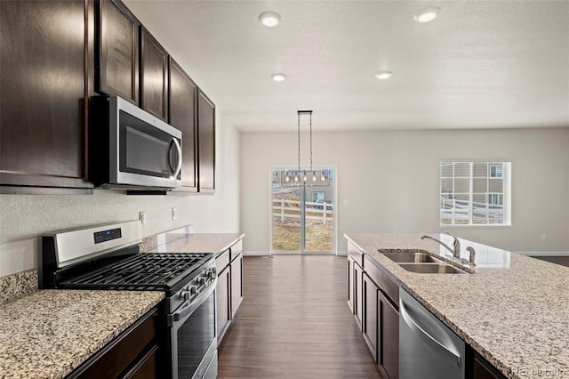 kitchen with dark wood finished floors, stainless steel appliances, a sink, dark brown cabinets, and light stone countertops