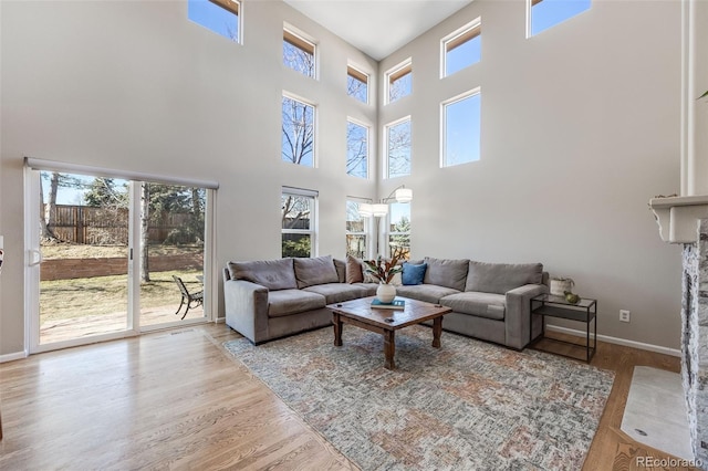 living room featuring wood finished floors, a wealth of natural light, and baseboards