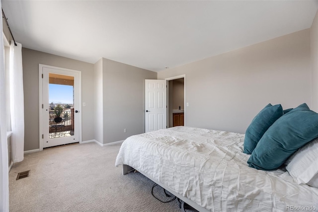 bedroom featuring light carpet, access to outside, visible vents, and baseboards