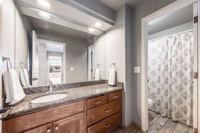 bathroom featuring toilet, wood finished floors, and vanity