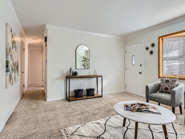 carpeted living room featuring ornamental molding