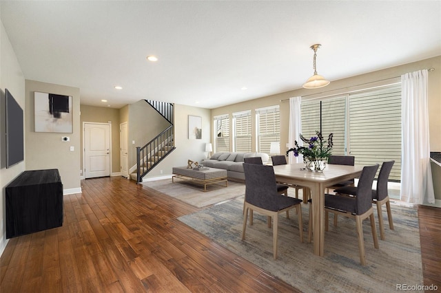 5434 N Xenia St, Denver, CO 80238 - dining room featuring stairs, wood finished floors, and recessed lighting