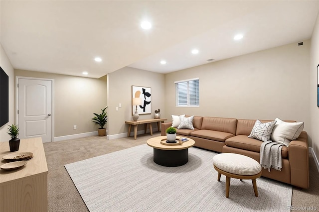 5434 N Xenia St, Denver, CO 80238 - living room featuring recessed lighting and light colored carpet