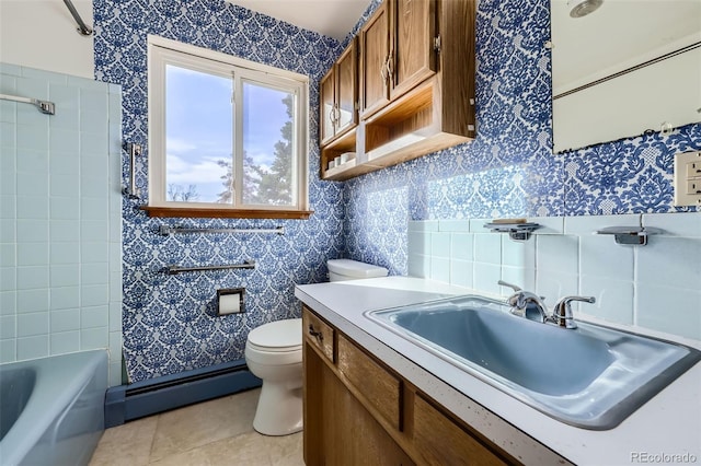 bathroom with a baseboard radiator, wallpapered walls, tile patterned floors, toilet, and tile walls