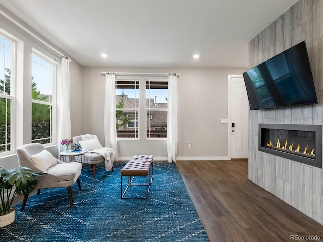 229 W Jamison Ct, Littleton, CO 80120 - living area featuring wood finished floors, a fireplace, and recessed lighting