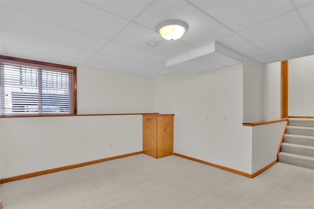 unfurnished room featuring light carpet and a drop ceiling