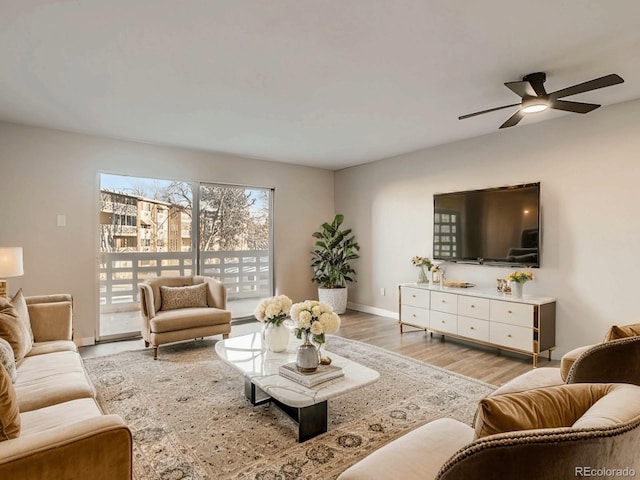 living room with ceiling fan and light wood-type flooring