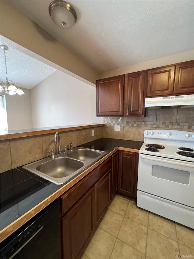 kitchen featuring dishwasher, a textured ceiling, sink, electric stove, and decorative backsplash