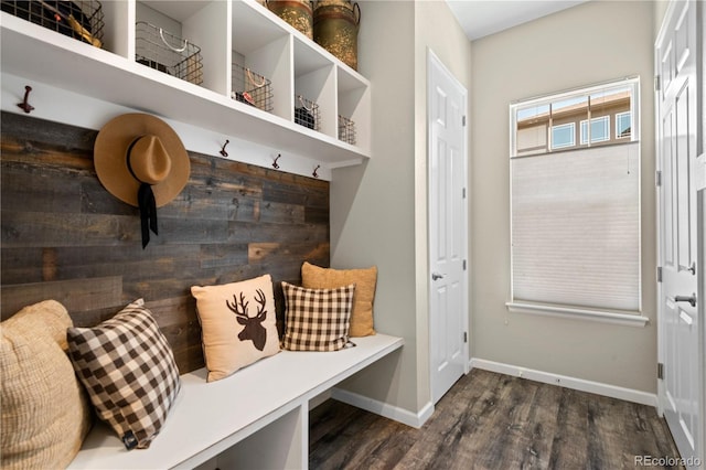 mudroom featuring baseboards and dark wood-type flooring