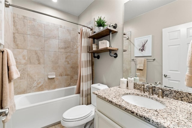 bathroom featuring vanity, toilet, and shower / tub combo with curtain