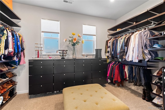 walk in closet with visible vents and carpet flooring