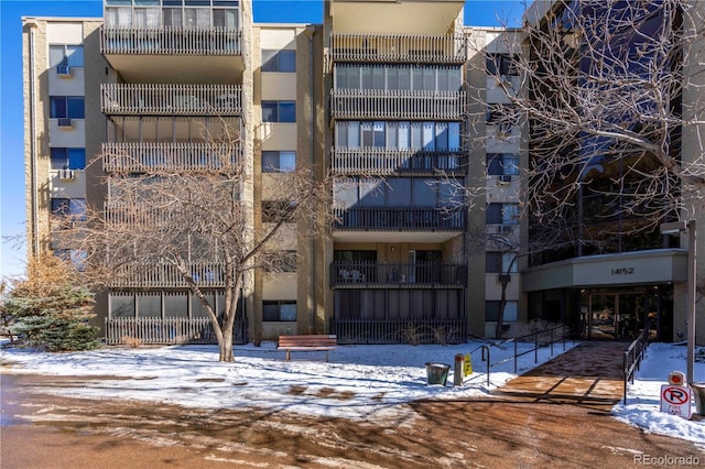 view of snow covered building