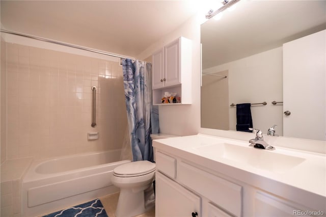 full bathroom featuring shower / bath combination with curtain, vanity, and toilet