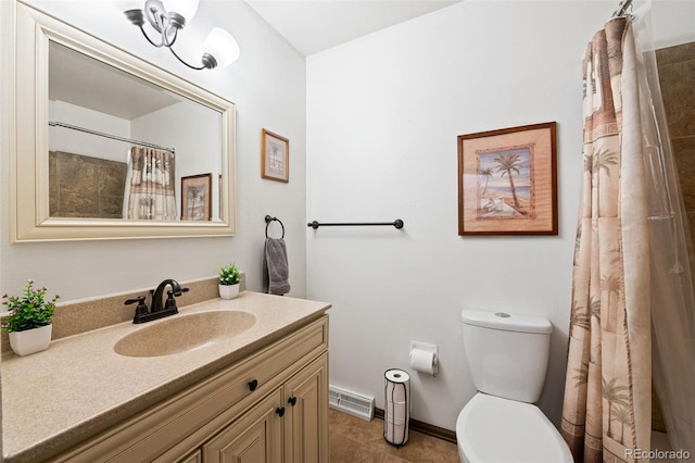 16225 W 74th Dr, Arvada, CO 80007 - bathroom with vanity, toilet, a shower with shower curtain, baseboards, and tile patterned floors