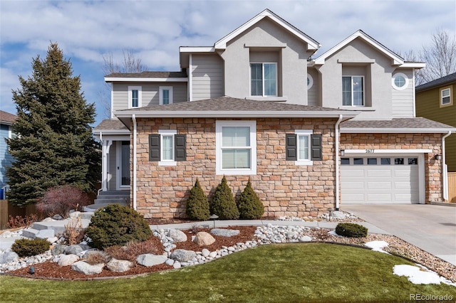 view of front of house with a shingled roof, concrete driveway, stone siding, an attached garage, and stucco siding