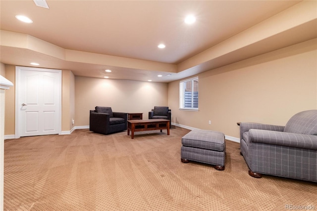 living area with recessed lighting, carpet flooring, and baseboards