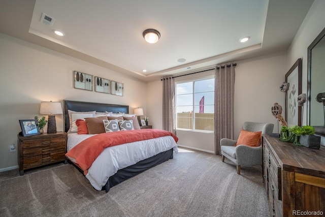 carpeted bedroom with a tray ceiling