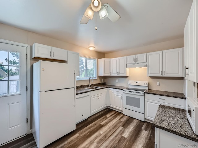 kitchen featuring ceiling fan, white cabinets, white appliances, sink, and dark hardwood / wood-style floors