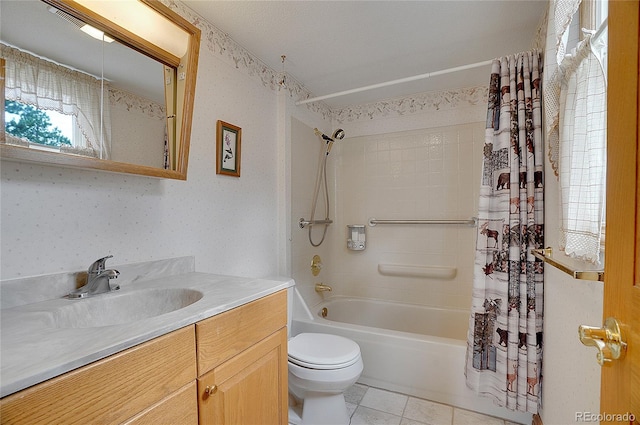 full bathroom featuring vanity, toilet, shower / tub combo with curtain, and tile patterned floors