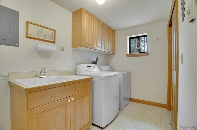 laundry room with electric panel, cabinets, sink, and washing machine and dryer