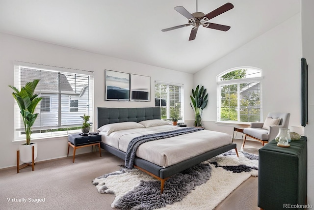 bedroom featuring lofted ceiling, carpet flooring, ceiling fan, and baseboards