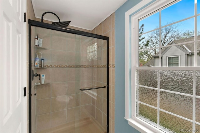 full bath with a wealth of natural light, a stall shower, and ornamental molding
