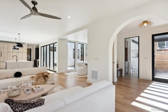 living room featuring light hardwood / wood-style floors and sink