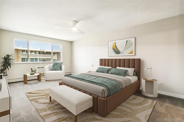 725 S Alton Way Unit 9C, Denver, CO 80247 - bedroom featuring baseboard heating, carpet, a baseboard heating unit, ceiling fan, and a textured ceiling