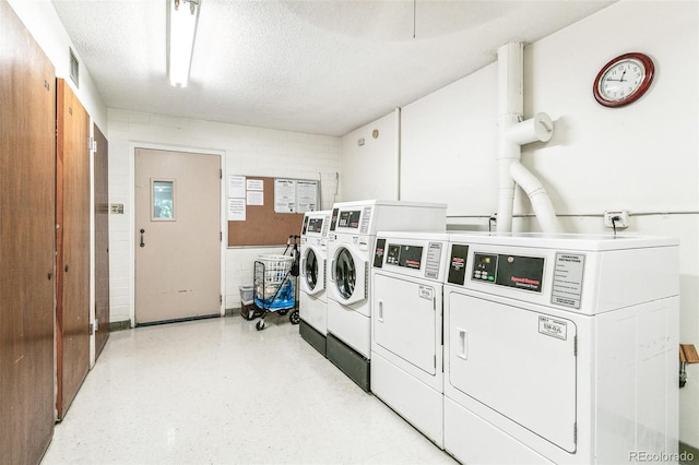 725 S Alton Way Unit 9C, Denver, CO 80247 - community laundry room featuring separate washer and dryer, a textured ceiling, and concrete block wall