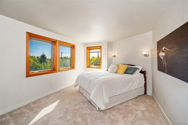 bedroom with light carpet and a textured ceiling