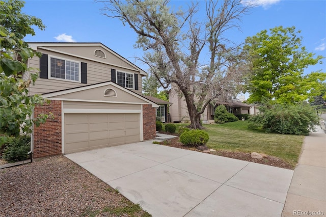 8441 S Timberwood St, Highlands Ranch, CO 80126 - view of front of property with brick siding, concrete driveway, a front lawn, and an attached garage