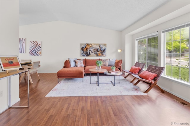 8441 S Timberwood St, Highlands Ranch, CO 80126 - living room with healthy amount of natural light, vaulted ceiling, and wood finished floors
