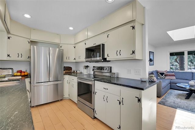 29858 Gigi Dr, Evergreen, CO 80439 - kitchen with stainless steel appliances, a skylight, light wood-style floors, open floor plan, and recessed lighting