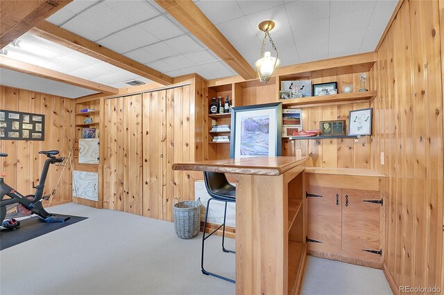 29858 Gigi Dr, Evergreen, CO 80439 - bar area featuring wood walls, beamed ceiling, carpet, and decorative light fixtures
