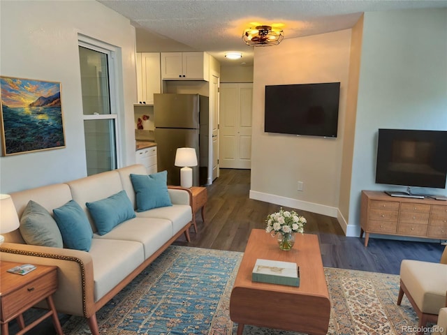 living area featuring dark wood finished floors, a textured ceiling, and baseboards