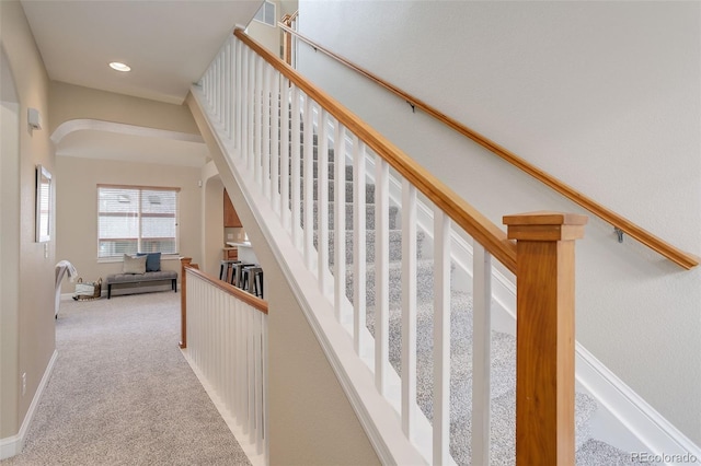 staircase featuring carpet floors