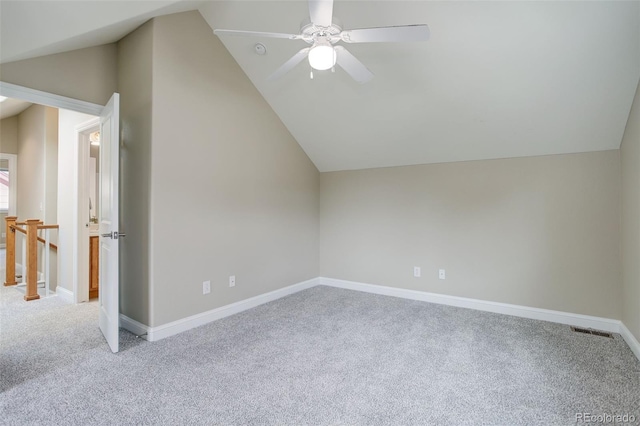 bonus room featuring lofted ceiling, light carpet, and ceiling fan