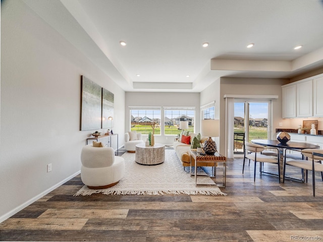 16448 E 111th Pl, Commerce City, CO 80022 - living area featuring a tray ceiling, wood finished floors, recessed lighting, and baseboards