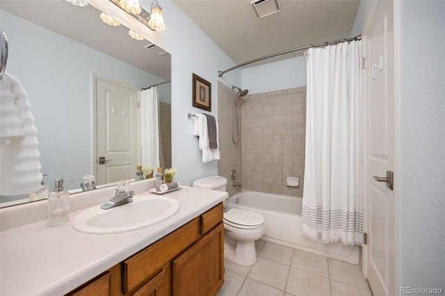 1245 Ceres Dr, Lafayette, CO 80026 - bathroom with vanity, tile patterned flooring, toilet, and shower / tub combo with curtain