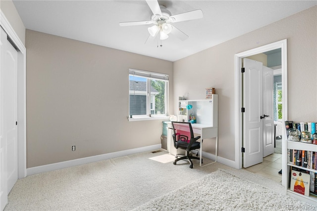 16207 Cadland Ct, Parker, CO 80134 - carpeted home office featuring a ceiling fan and baseboards