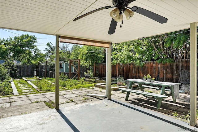 4315 S Elati St, Englewood, CO 80110 - fenced backyard featuring a patio area, outdoor dining area, and ceiling fan